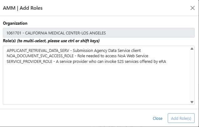Screenshot of the Add Roles popup